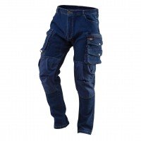 - - Working trousers DENIM, knee reinforcements, the addition of elastane provides better fitting and greater wearing comfort, knee pad pocket rainforced with cotton Oxford, multifunctional and roomy pockets, pockets rainforced with cotton Oxford, cotton 