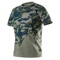 NEO working T-shirt of CAMO series, olive green with unique and asymmetric camouflage pattern.The product is made of high quality cotton knitted fabric. Urban style allows for comfortable use also out of work. Product quality is guaranteed by European cer